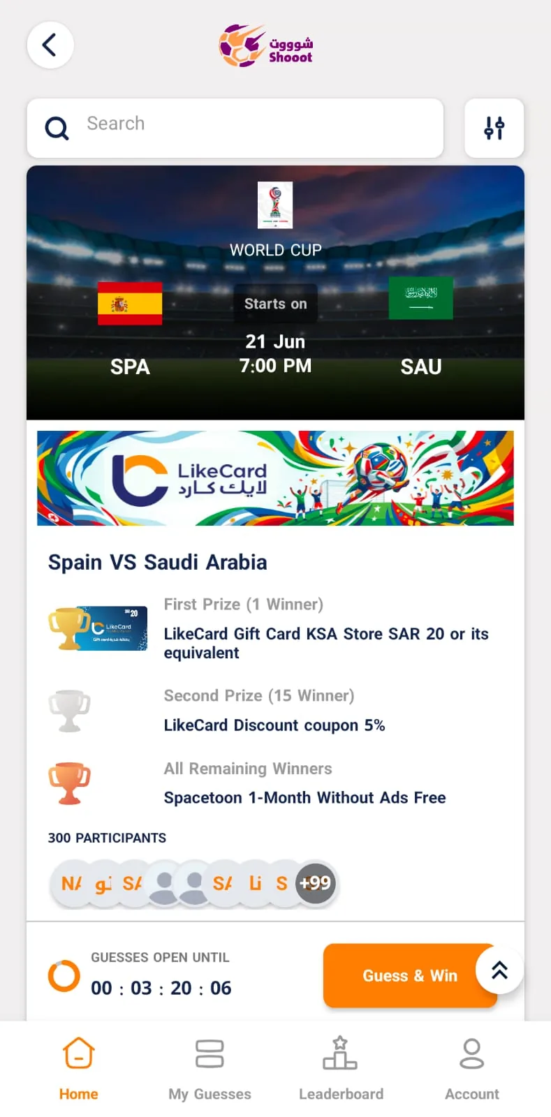 Shooot prediction screen in the LikeCard app